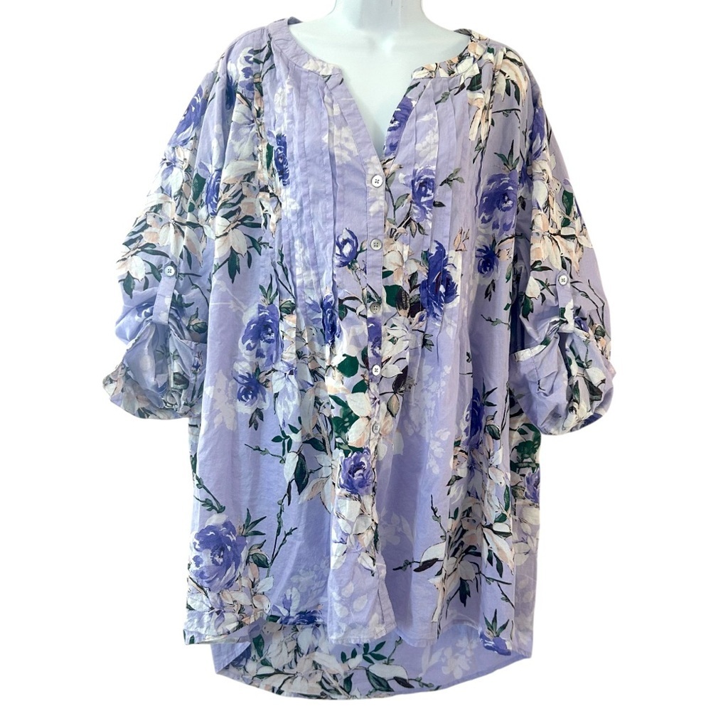 ROAMANS Boho Floral Purple Button-Up Blouse Long Roll Tab Sleeve Womens Size 24w